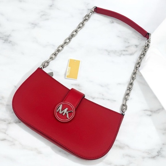 Michael Kors Carmen Small Pouchette Crossbody Bag Red/Silver - Picture 1 of 8